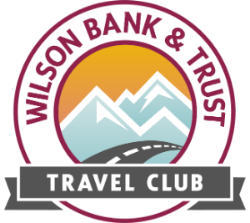 A logo with mountains and road in the center that says "Wilson Bank & Trust Travel Club".